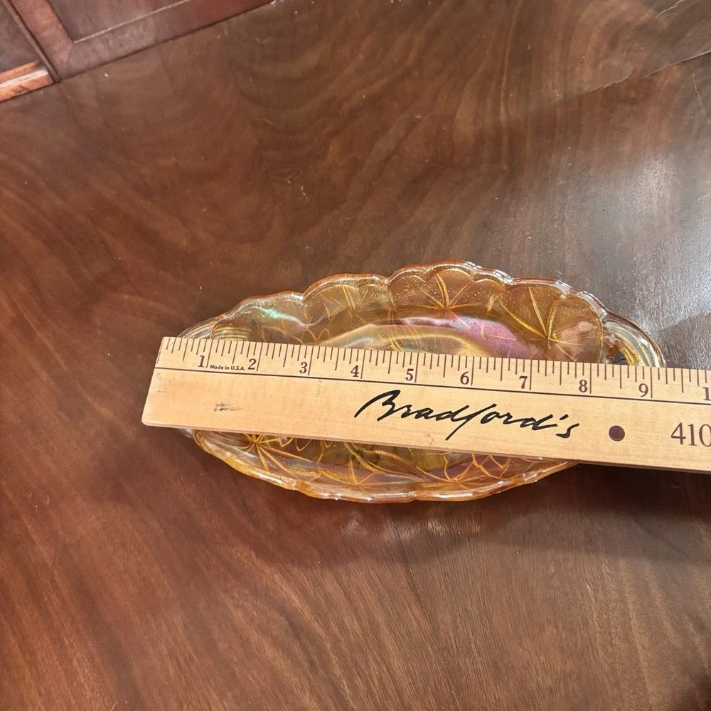 Vintage Indiana Carnival Glass Marigold Relish Dish Iridescent‎ Floral Handled